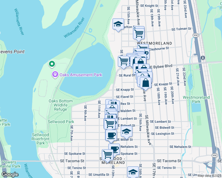 map of restaurants, bars, coffee shops, grocery stores, and more near 1215 Southeast Flavel Street in Portland