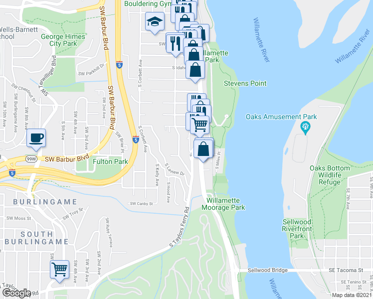map of restaurants, bars, coffee shops, grocery stores, and more near 7422 South Virginia Avenue in Portland