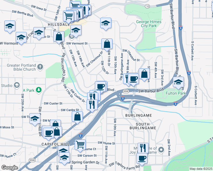 map of restaurants, bars, coffee shops, grocery stores, and more near 7555 Southwest Barbur Boulevard in Portland