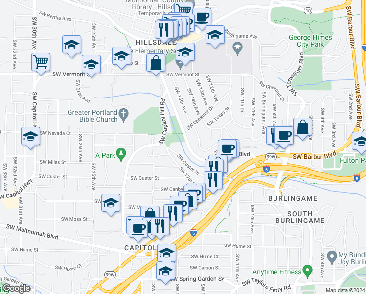 map of restaurants, bars, coffee shops, grocery stores, and more near 1420 Southwest Bertha Boulevard in Portland