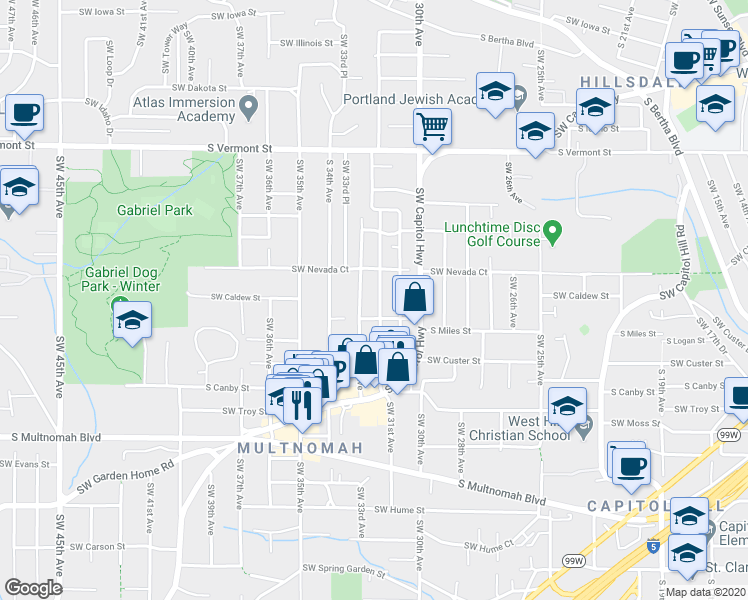 map of restaurants, bars, coffee shops, grocery stores, and more near 7403 Southwest 31st Avenue in Portland