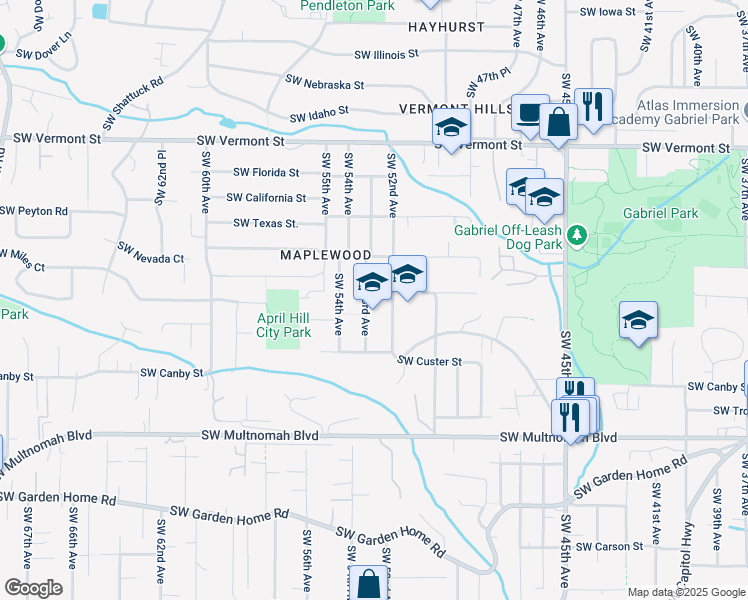 map of restaurants, bars, coffee shops, grocery stores, and more near 7426 Southwest 53rd Avenue in Portland