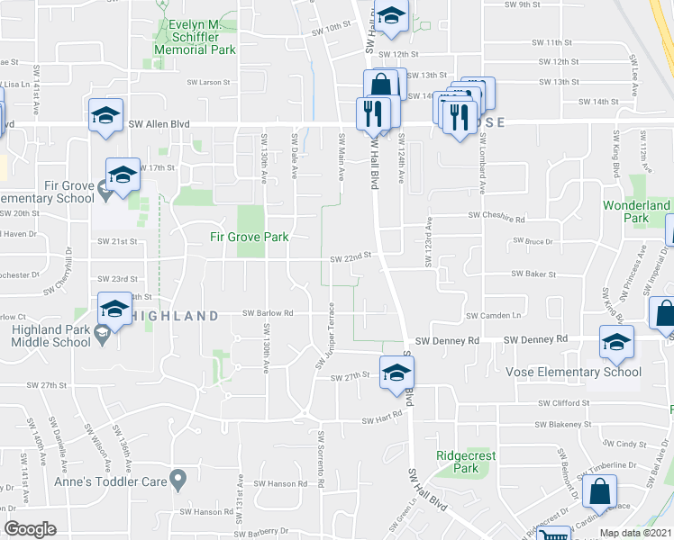 map of restaurants, bars, coffee shops, grocery stores, and more near 6755 Southwest Juniper Terrace in Beaverton