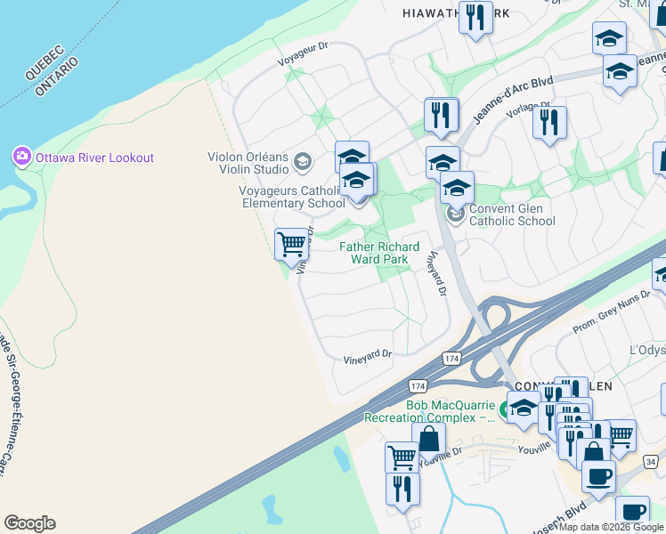 map of restaurants, bars, coffee shops, grocery stores, and more near 1094 Chablis Park in Ottawa
