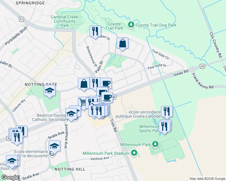 map of restaurants, bars, coffee shops, grocery stores, and more near 292 Rustic Hills Crescent in Ottawa