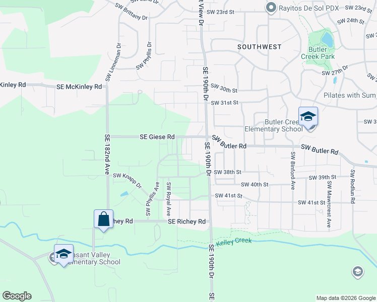 map of restaurants, bars, coffee shops, grocery stores, and more near 3576 Southwest 36th Street in Gresham