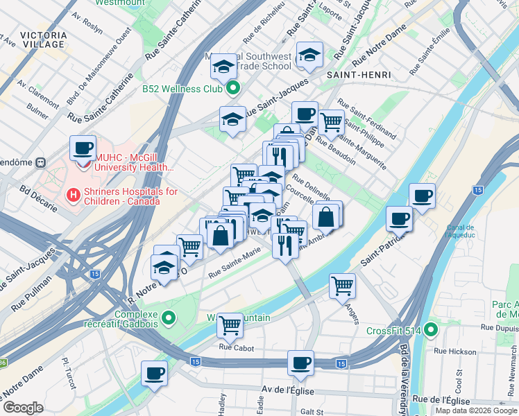 map of restaurants, bars, coffee shops, grocery stores, and more near 4831 Rue Notre-Dame Ouest in Montréal
