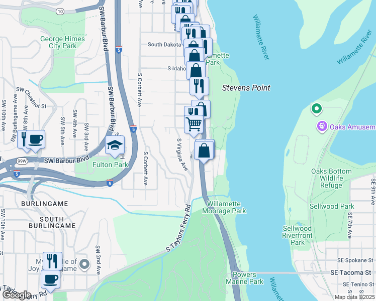 map of restaurants, bars, coffee shops, grocery stores, and more near 614 Southwest Nevada Street in Portland
