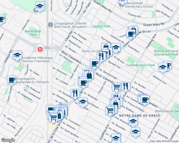 map of restaurants, bars, coffee shops, grocery stores, and more near 6595 Chemin de la Côte-Saint-Luc in Côte Saint-Luc