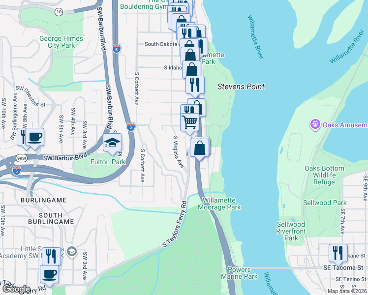 map of restaurants, bars, coffee shops, grocery stores, and more near 614 South Nevada Street in Portland