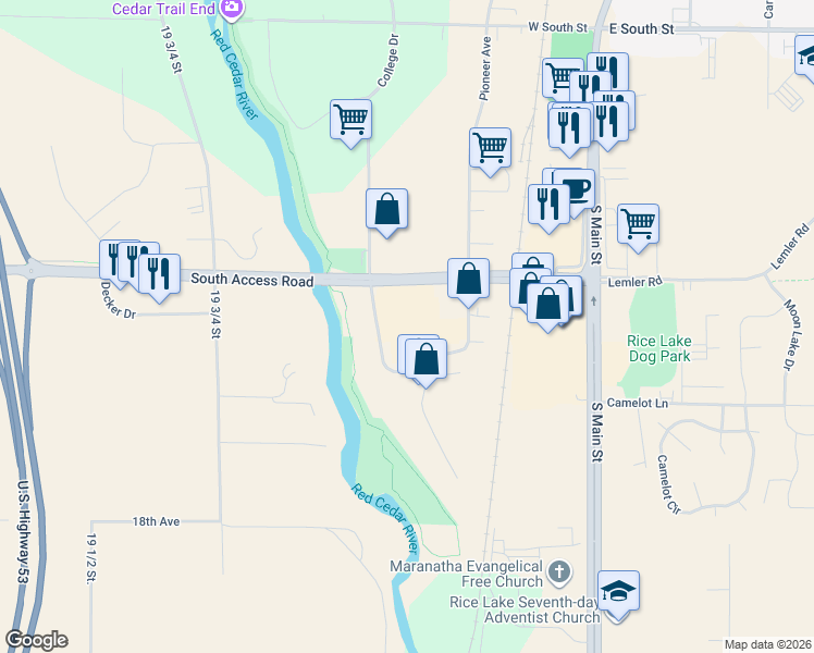 map of restaurants, bars, coffee shops, grocery stores, and more near 320 County Highway O in Rice Lake