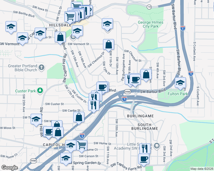 map of restaurants, bars, coffee shops, grocery stores, and more near 7555 Southwest Barbur Boulevard in Portland