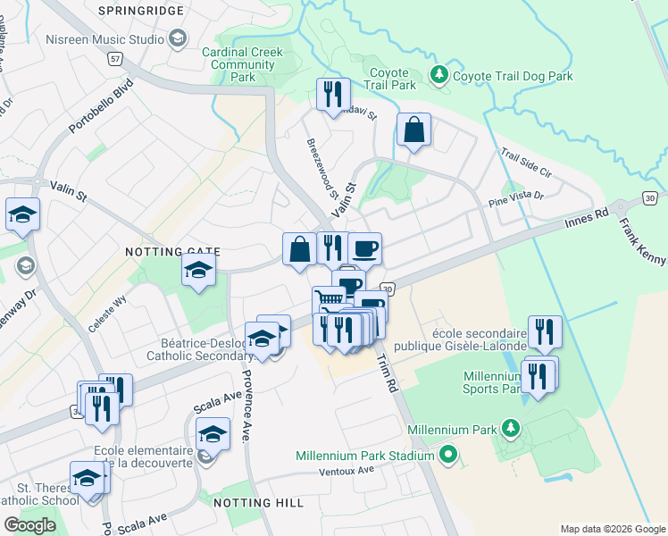 map of restaurants, bars, coffee shops, grocery stores, and more near 307 Cozumel Private in Ottawa