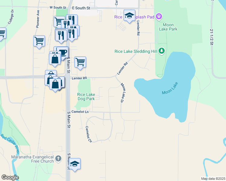 map of restaurants, bars, coffee shops, grocery stores, and more near 2961 Camelot Circle in Rice Lake
