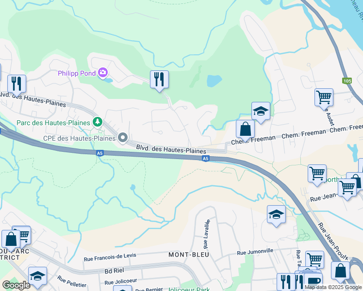map of restaurants, bars, coffee shops, grocery stores, and more near 390 Boulevard des Hautes Plaines in Gatineau