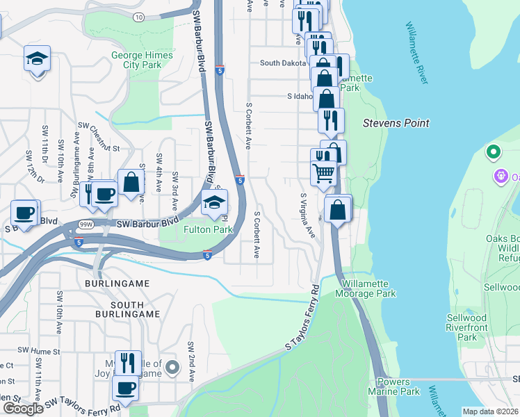 map of restaurants, bars, coffee shops, grocery stores, and more near 7400 South Corbett Avenue in Portland
