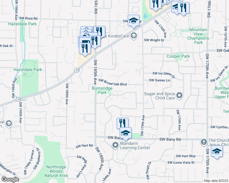 map of restaurants, bars, coffee shops, grocery stores, and more near 18257 Southwest Monte Verdi Boulevard in Aloha