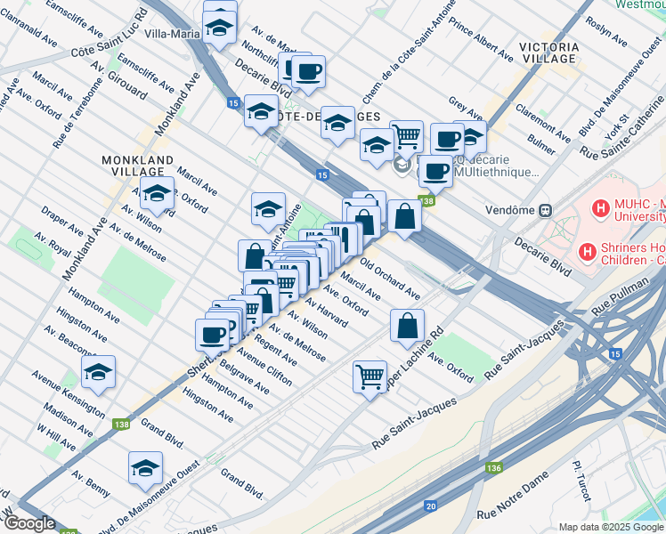 map of restaurants, bars, coffee shops, grocery stores, and more near 3501 Avenue Marcil in Montreal