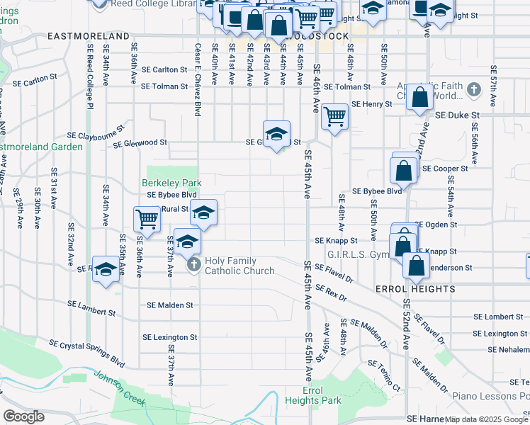 map of restaurants, bars, coffee shops, grocery stores, and more near 4224 Southeast Ogden Street in Portland