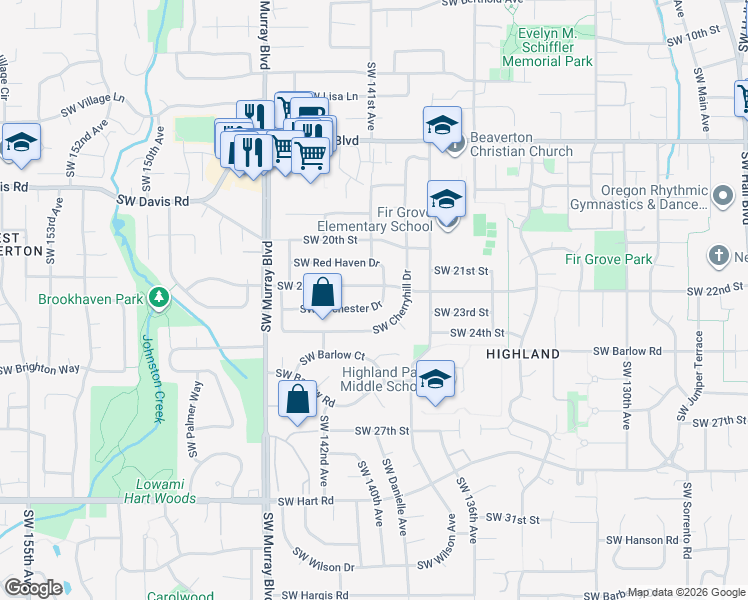 map of restaurants, bars, coffee shops, grocery stores, and more near 14055 Southwest Cherryhill Drive in Beaverton