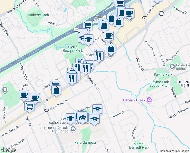 map of restaurants, bars, coffee shops, grocery stores, and more near 2744 Saint Joseph Boulevard in Ottawa