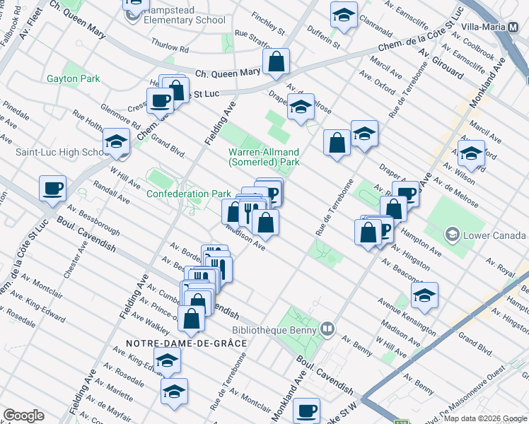map of restaurants, bars, coffee shops, grocery stores, and more near 6205 Avenue Somerled in Montréal