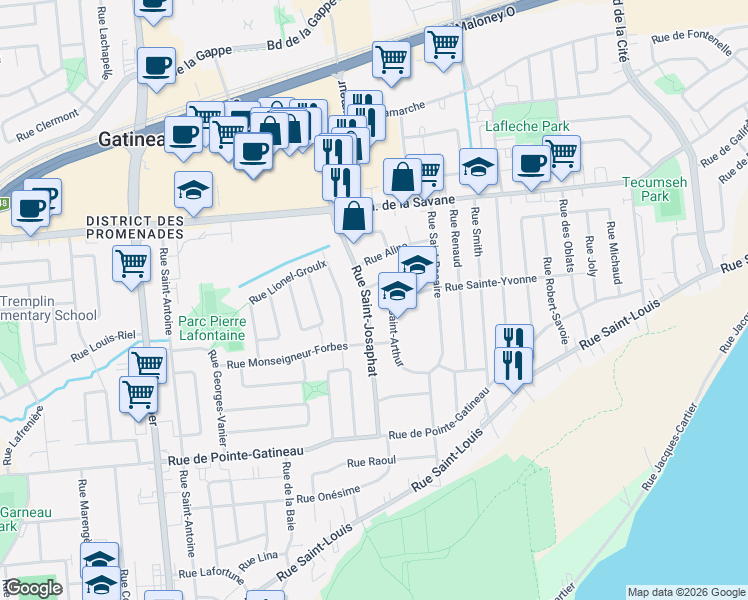 map of restaurants, bars, coffee shops, grocery stores, and more near 54 Rue Saint-Josaphat in Gatineau