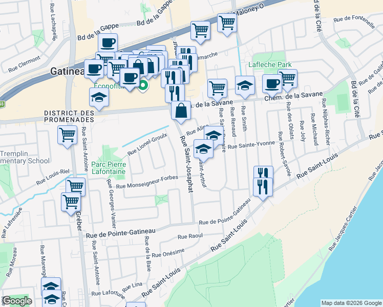 map of restaurants, bars, coffee shops, grocery stores, and more near 54 Rue Saint-Josaphat in Gatineau