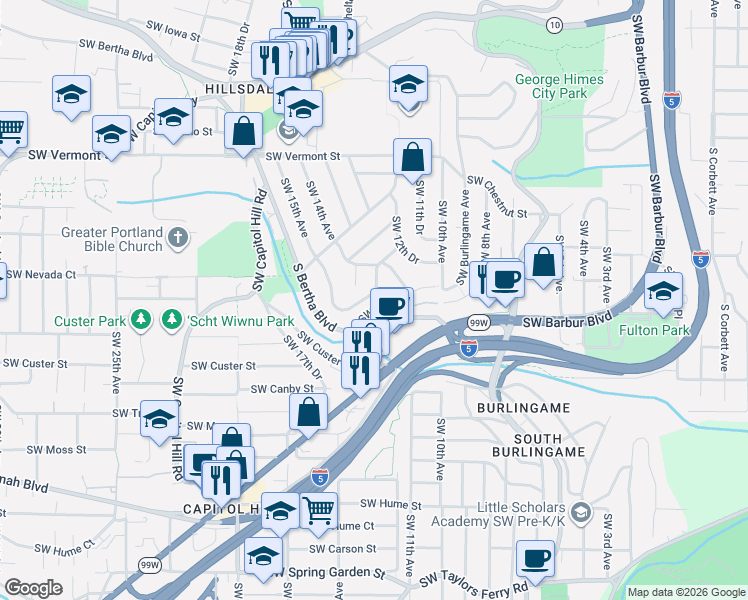 map of restaurants, bars, coffee shops, grocery stores, and more near 7202 Southwest Nevada Terrace in Portland