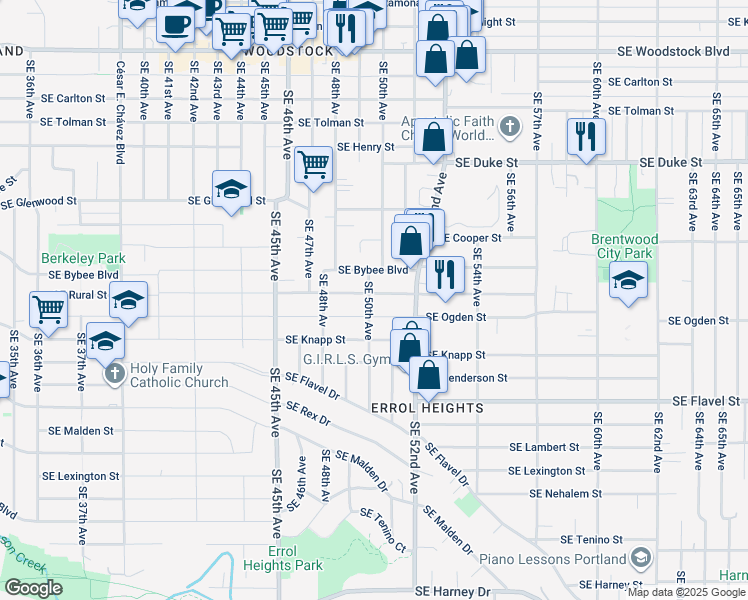 map of restaurants, bars, coffee shops, grocery stores, and more near 5024 Southeast Ogden Street in Portland