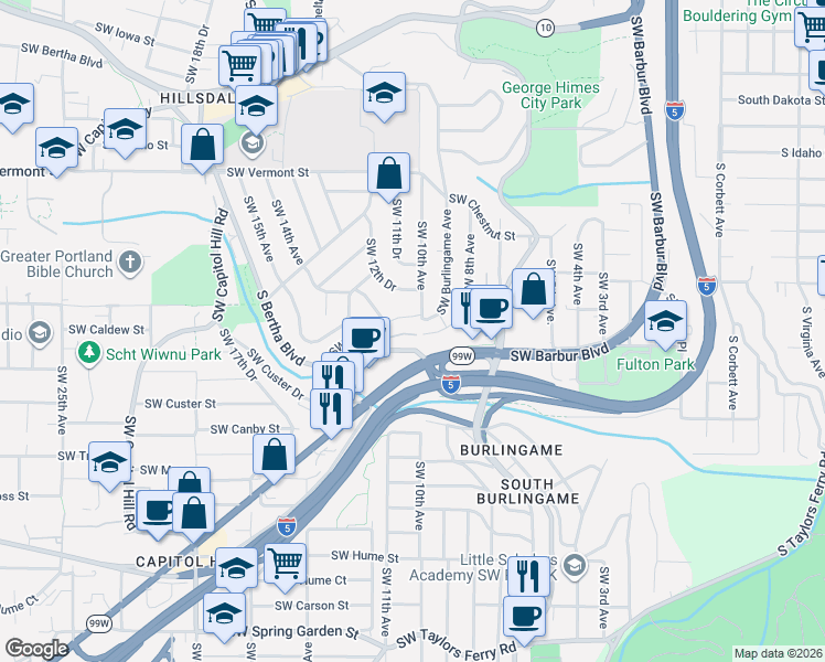 map of restaurants, bars, coffee shops, grocery stores, and more near 7555 Southwest Barbur Boulevard in Portland