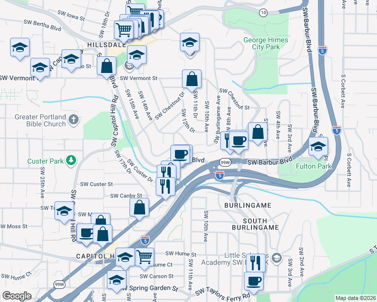 map of restaurants, bars, coffee shops, grocery stores, and more near 7555 Southwest Barbur Boulevard in Portland
