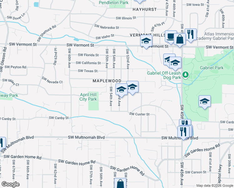 map of restaurants, bars, coffee shops, grocery stores, and more near 7426 Southwest 53rd Avenue in Portland