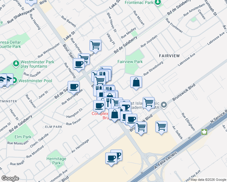 map of restaurants, bars, coffee shops, grocery stores, and more near 278 Place des Cèdres in Dollard-des-Ormeaux