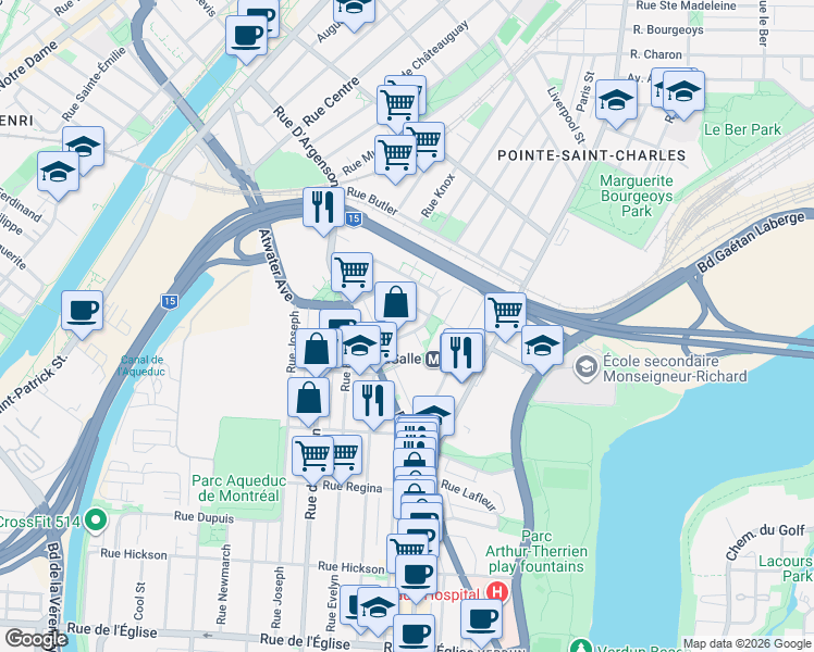 map of restaurants, bars, coffee shops, grocery stores, and more near 50 Rue de la Poudrière in Montréal
