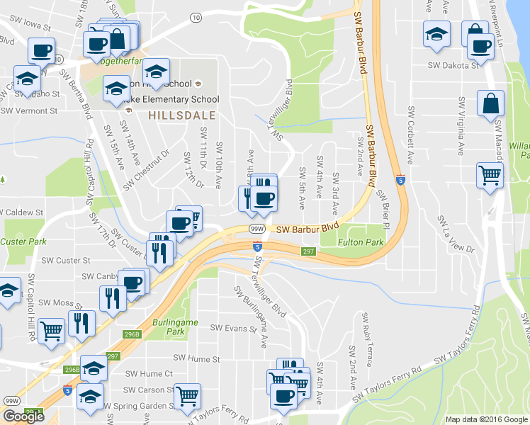 map of restaurants, bars, coffee shops, grocery stores, and more near 7405 Southwest Barbur Boulevard in Portland