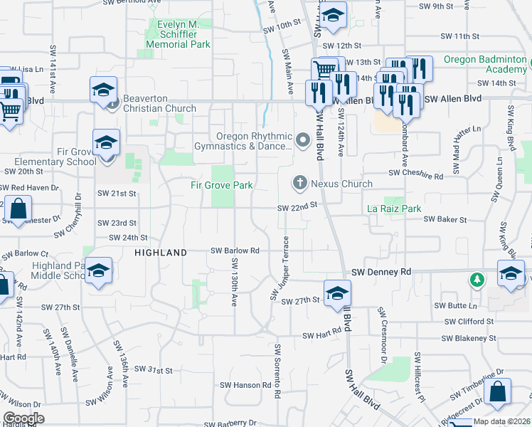 map of restaurants, bars, coffee shops, grocery stores, and more near 12850 Southwest 22nd Street in Beaverton