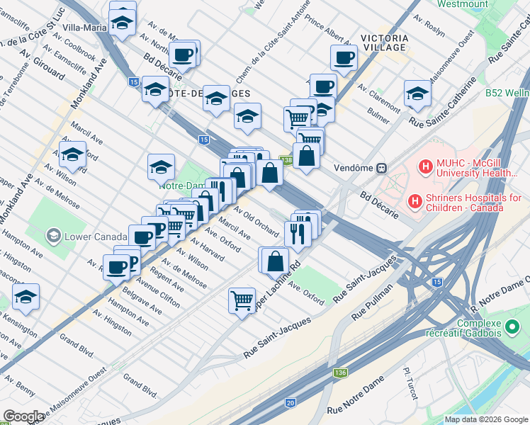 map of restaurants, bars, coffee shops, grocery stores, and more near 2212 Avenue Girouard in Montréal