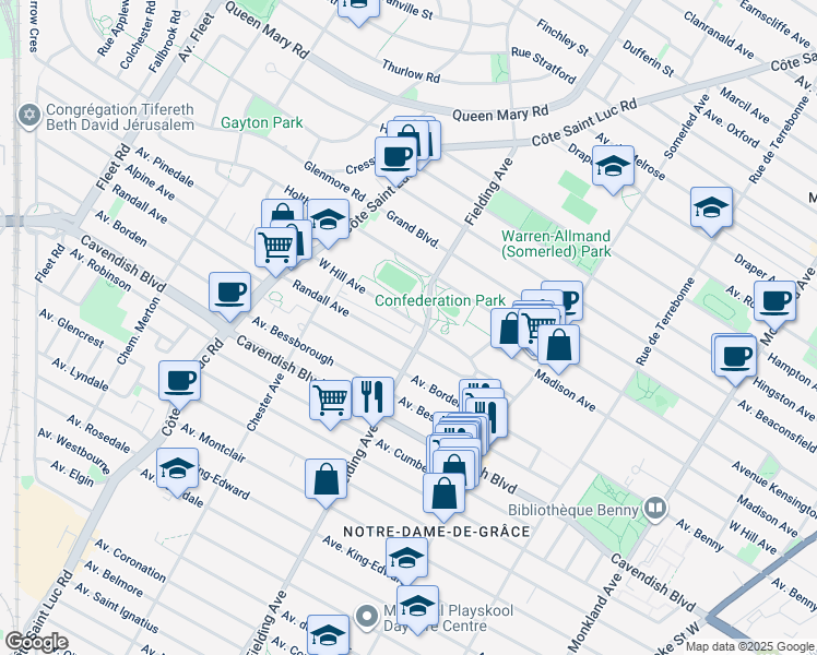 map of restaurants, bars, coffee shops, grocery stores, and more near 5130 Avenue West Hill in Montréal