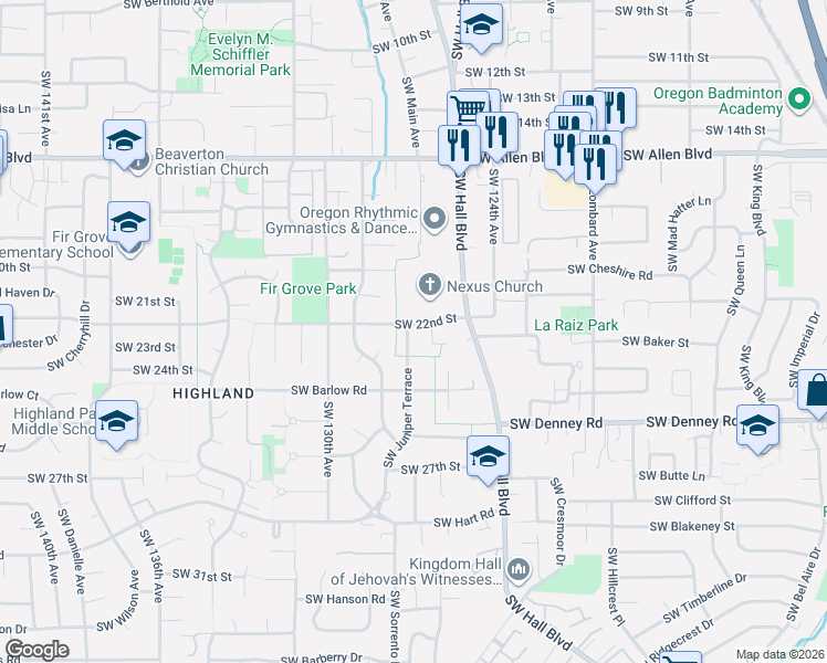 map of restaurants, bars, coffee shops, grocery stores, and more near 6620 Southwest Juniper Terrace in Beaverton