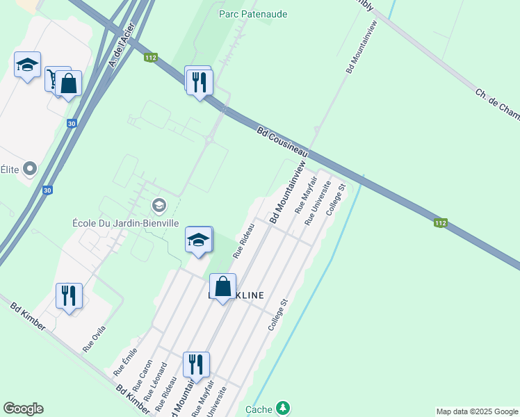 map of restaurants, bars, coffee shops, grocery stores, and more near Rue Rideau in Longueuil