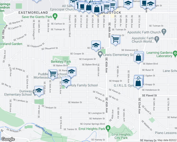 map of restaurants, bars, coffee shops, grocery stores, and more near 7110 Southeast 42nd Avenue in Portland
