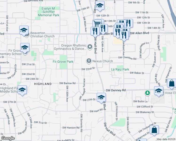 map of restaurants, bars, coffee shops, grocery stores, and more near 6605 Southwest Wisteria Place in Beaverton
