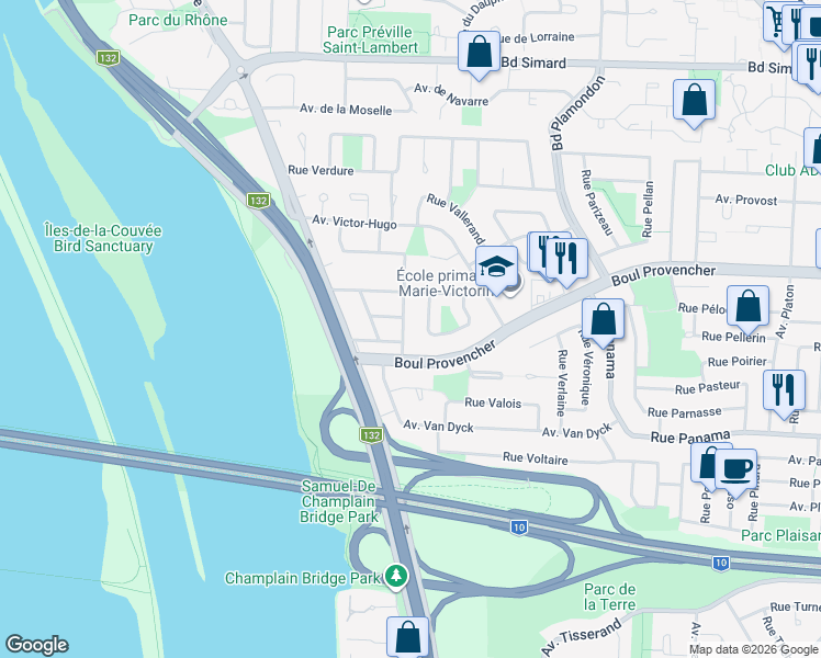 map of restaurants, bars, coffee shops, grocery stores, and more near 5885 Rue Vieni in Brossard