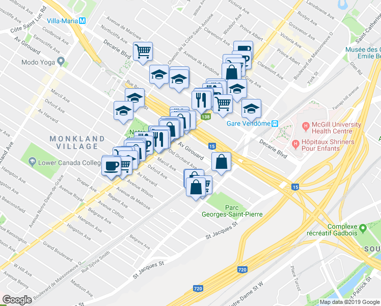 map of restaurants, bars, coffee shops, grocery stores, and more near 2212 Avenue Girouard in Montréal