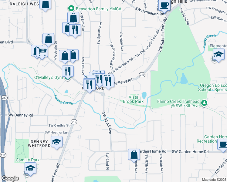 map of restaurants, bars, coffee shops, grocery stores, and more near 6500 Southwest Scholls Ferry Road in Portland
