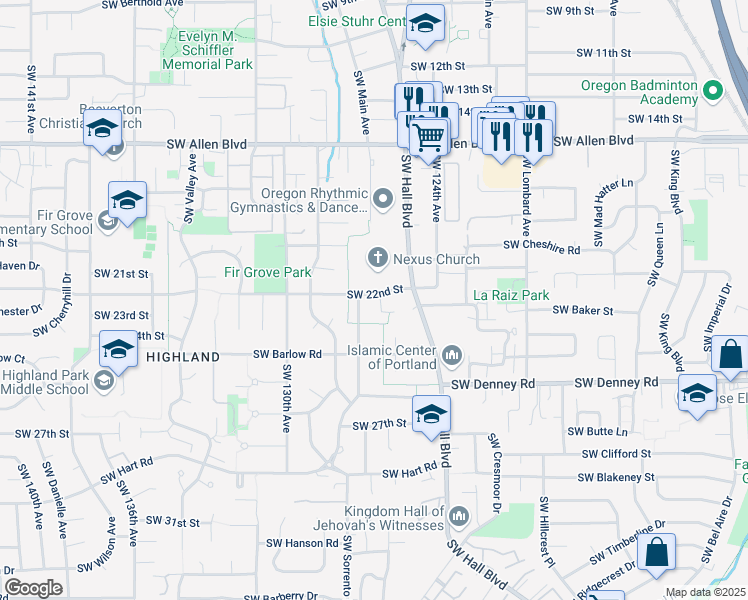 map of restaurants, bars, coffee shops, grocery stores, and more near 6605 Southwest Wisteria Place in Beaverton