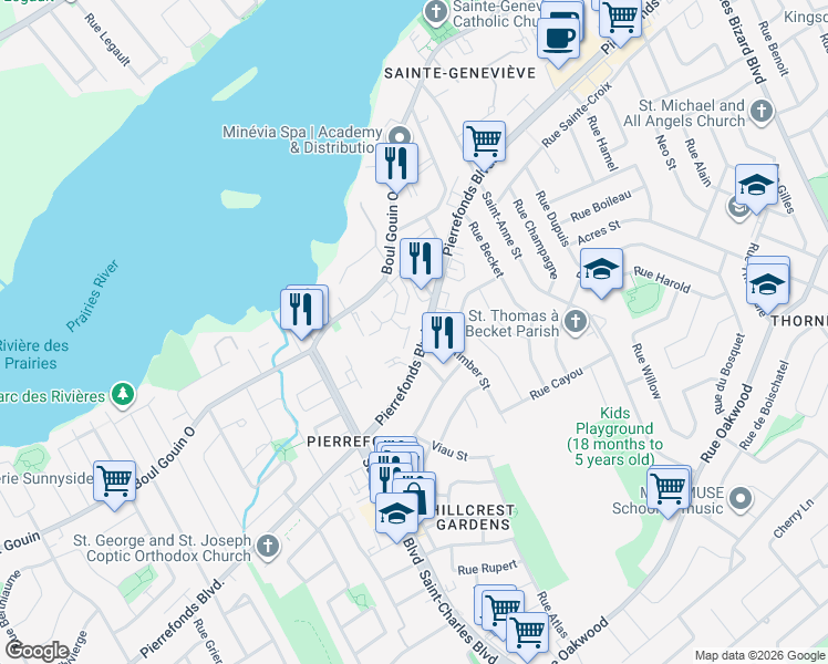 map of restaurants, bars, coffee shops, grocery stores, and more near 16689 Boulevard de Pierrefonds in Montréal