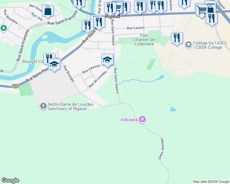 map of restaurants, bars, coffee shops, grocery stores, and more near 26 Rue Saint-Viateur in Rigaud