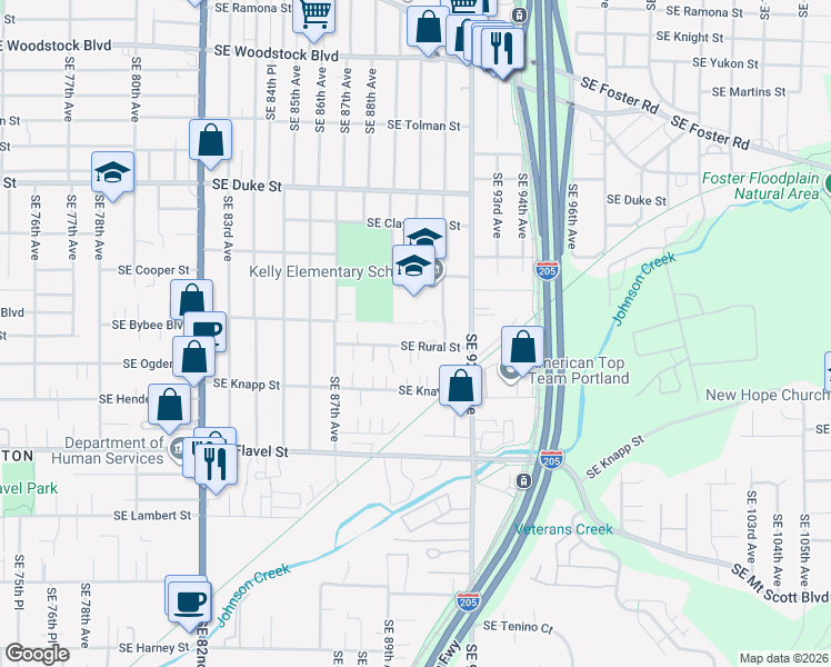 map of restaurants, bars, coffee shops, grocery stores, and more near 9030 South East Cooper Street in Portland